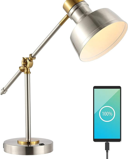 JONATHAN Y JYL7124B 18.5" Industrial Task Lamp with USB Charging Port, Nickel and Brass Farmhouse Desk Lamp with Adjustable Head for Office, Bedroom Bedside Reading, LED Bulb Included