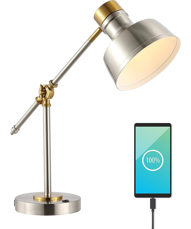 JONATHAN Y JYL7124B 18.5" Industrial Task Lamp with USB Charging Port, Nickel and Brass Farmhouse Desk Lamp with Adjustable Head for Office, Bedroom Bedside Reading, LED Bulb Included