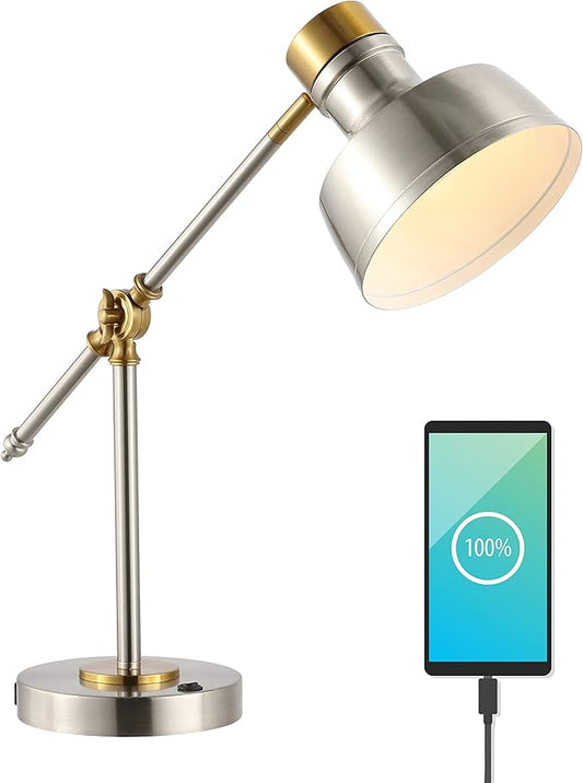 JONATHAN Y JYL7124B 18.5" Industrial Task Lamp with USB Charging Port, Nickel and Brass Farmhouse Desk Lamp with Adjustable Head for Office, Bedroom Bedside Reading, LED Bulb Included