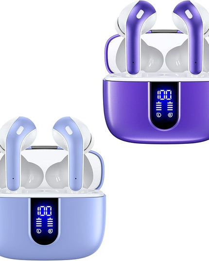TAGRY 2 Sets X08 Purple and Phantom Purple Bluetooth Headphones True Wireless Earbuds 60H Playback Ear Buds with Wireless Charging Case in-Ear Earbuds with Mic