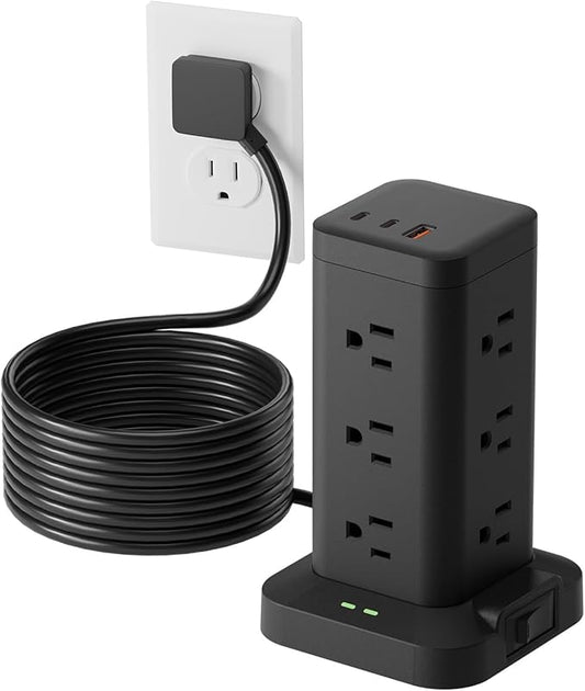 15-in-1 Power Strip Tower with Surge Protector 1800J, Fast Charging Tower PD20W USB-C Ports with 12 AC Outlets, 9.8ft Extension Cord for Home Office Dorm Room, Black