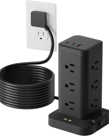 Power Strip Tower with Surge Protector 1800J, Fast Charging Tower PD20W USB-C Ports with 12 AC Outlets, 10ft Extension Cord for Home Office Dorm Room, Black