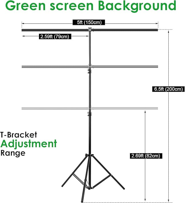 Green Screen Backdrop Kit, Portable Greenscreen Background with T-Shaped Stand, 5 Clamps & Carrying Bag for Photography, Streaming, Zoom, Gaming, (Green, 6.5 Feet X 5.0 Feet)