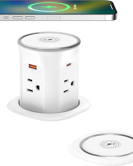 Jgstkcity Pop Up Countertop Outlet with 15W Wireless Charger,20W USB C Ports,Flush Mount Tamper Resistant,Recessed Grommet Receptacle,4 USB 4 Outlets,15A,1875W,ETL Listed,3.15in Hole,White