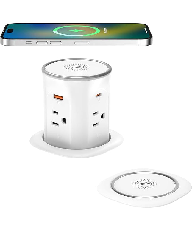 Jgstkcity Pop Up Countertop Outlet with 15W Wireless Charger,20W USB C Ports,Flush Mount Tamper Resistant,Recessed Grommet Receptacle,4 USB 4 Outlets,15A,1875W,ETL Listed,3.15in Hole,White
