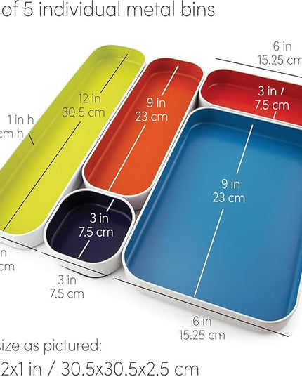 Three by Three Seattle 5 Piece Shallow Metal Organizer Tray Set for Storing Makeup, Stationery, Utensils, and More in Office Desk, Kitchen and Bathroom Drawers (1 Inch, Assorted Colors)