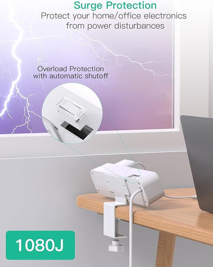 PD40W Desk Clamp Power Strip, Desktop Mount Surge Protector, Fast Charging Station, 5Ft Extension Cord Desk Edge Mount Shelf with 4 Outlets 4 USB Ports (2 USB C), Home Office Accessories Essentials