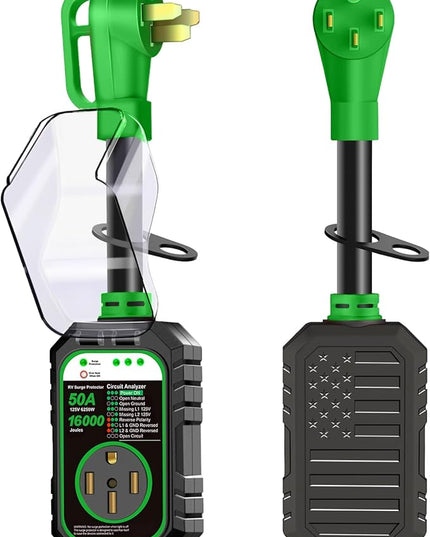 RV Surge Protector 50 Amp Flag Design - Upgraded 16000J Power Surges Voltage Protection Circuit Analyzer IP68 Waterproof Cover for 50A RVS Camper Trailer Must Haves (50Amp, Green)