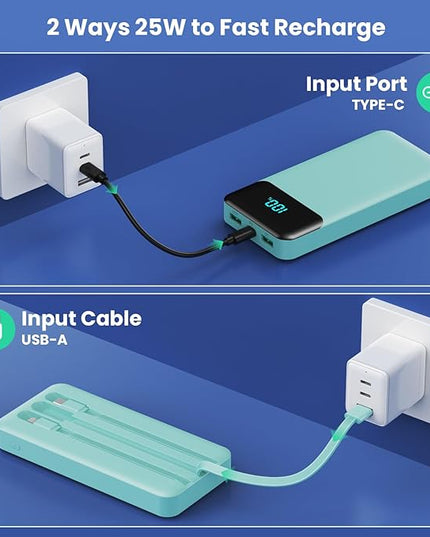 Portable Charger 40800mAh Power Bank with 3 Built-in Cables,PD 25W USB C in&Out Power Bank Fast Phone Charging,QC4.0 5 Outputs Travel Camping Essential Battery Pack for iPhone 17/16,Samsung etc-Green
