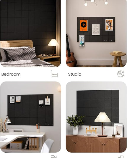 Large Felt Bulletin Board 36"x24", 6-Pack 4-Compartment Wall Organizer, Cork Board Alternative with 60 Removable Adhesive Tabs, Modular Felt Panels for Home Office, Classroom and Study-Black