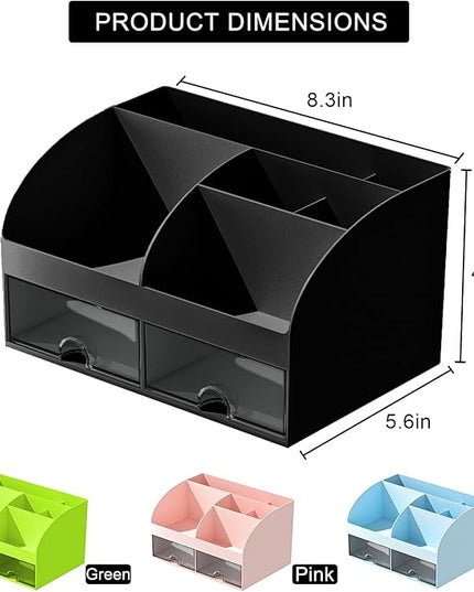 Desk Organizer with 6 Compartments and 2 Drawers, Plastic Makeup Organizer, Pen Holder for Desktop Storage, Desk Organization for School, Home, Office Supplies (Black)