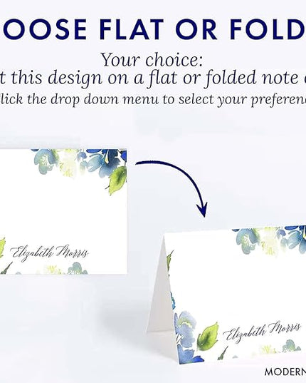 Personalized Floral Stationary with Envelopes, FLAT OR FOLDED, Watercolor Floral Stationery Set for Women, Blue and Green Personalized Floral Notecards with Envelopes, Choice of Colors and Quantity