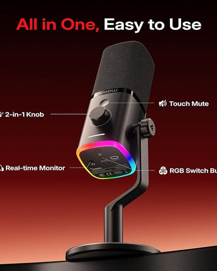 MAONO PD100WS Wireless Gaming Microphone for PC, Dynamic Streaming USB Mic with 3 Level Noise Cancelling,RGB,Mute Button, Software EQ,Computer Boom Mic for Podcast, Vocal Recording, Black