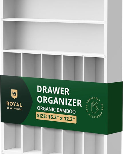 ROYAL CRAFT WOOD Luxury Bamboo Kitchen Drawer Organizer - Silverware Organizer - Utensil Holder and Cutlery Tray with Grooved Drawer Dividers for Flatware and Kitchen Utensils (7 Slot, White)