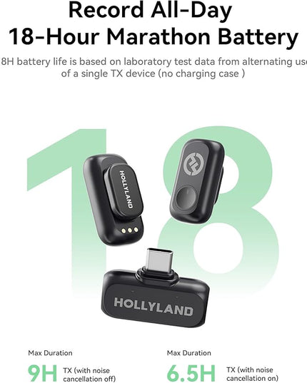 Hollyland Lark A1 Wireless Microphone for iPhone 17/16/15 & Android, 48kHz/24-bit, 3-Level Intelligent Noise Cancel, Magnetic Mini Mic for YouTube, Podcast, Vlogging (Black, 2TX + USB-C RX)