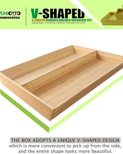 V-Shaped Bamboo Drawer Organizer Set of 3, Kitchen Large and Long Utensil Plate, Flatware & Silverware Storage Box, Wood Drawer Organizer for Bedroom, Living Room (19.6"x5.7" & 7.8" & 12.4")