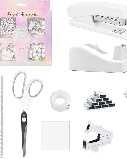 suniya Office Supplies,Desk Accessories,Tape Holder,Stapler,Scissor,Staple Remover,Box of Binder Clips,Staples,Ballpoint Pen,Sticky Notes,Clear Tape,Ruler,Office Supplies Set(White)