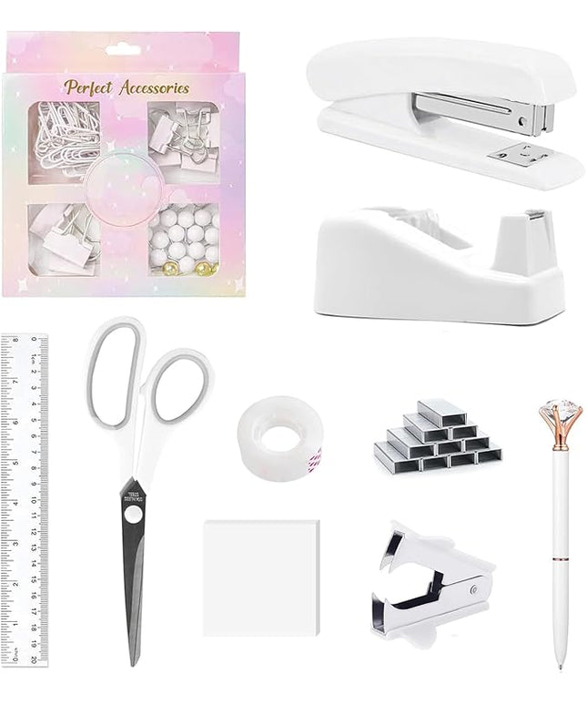 suniya Office Supplies,Desk Accessories,Tape Holder,Stapler,Scissor,Staple Remover,Box of Binder Clips,Staples,Ballpoint Pen,Sticky Notes,Clear Tape,Ruler,Office Supplies Set(White)
