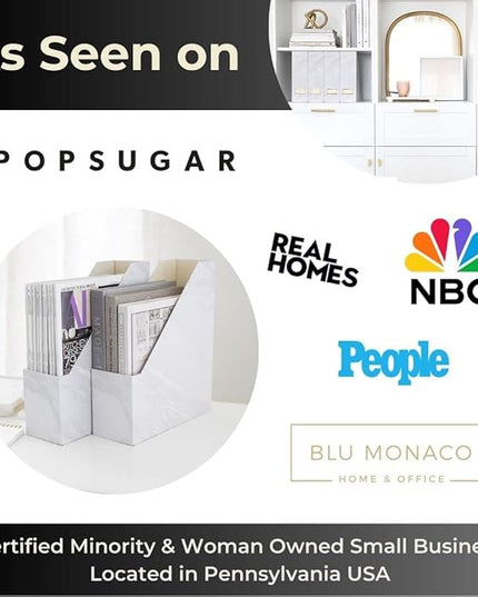 BLU MONACO Set of 4 Magazine Holders | White Marble Design with Gold Label Holders | Foldable File Organizer Boxes for Desk, Office & Classroom | Stylish Paper & Magazine Storage
