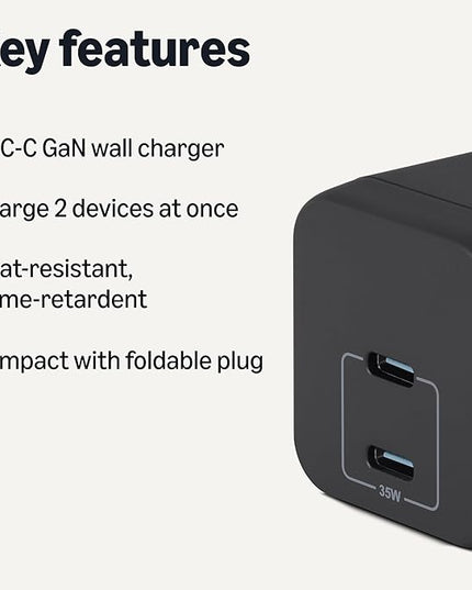 Amazon Basics Fast Charging USB C Nano GaN Wall Charger, 35W 2-Port for Tablets Phones, Black