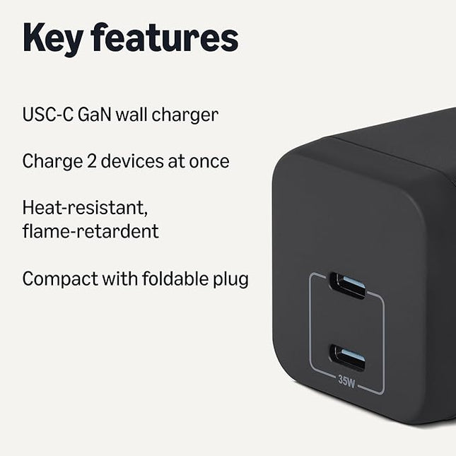 Amazon Basics Fast Charging USB C Nano GaN Wall Charger, 35W 2-Port for Tablets Phones, Black