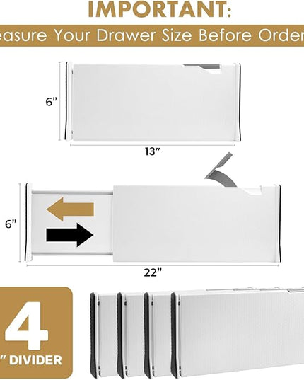 RAPTUROUS Adjustable Deep Drawer Divider – 6" Tall, Expandable 13-22", 4-Pack, Non-Slip Drawer Dividers for Clothes, Dresser, Kitchen & Office Organization (White)