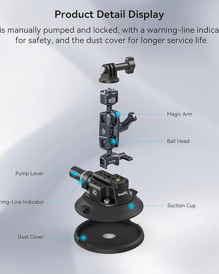 SMALLRIG 4" Camera Suction Mount with Ball Head Magic Arm, Car Mount for Lightweight Camera/Action Camera/Phone, Air Pump Vacuum Suction Cup, Max Load 3kg/6.6 Pound - 4236