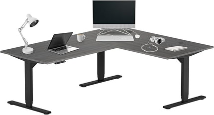 Progressive Desk Height Adjustable Computer Standing Desk - L Shaped 70" x 55" Corner Electric Stand Up Rising Workstation - Black Frame, Gray Oak Top
