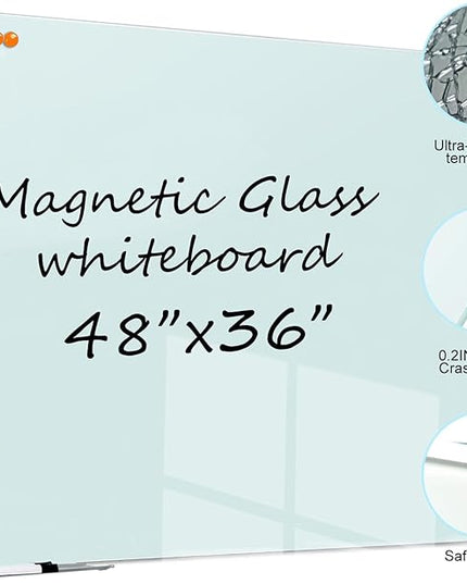 Glass Dry Erase White Board - 48"X36" Magnetic Whiteboard Large Frameless Boards with Super Strong Magnets for Office, School and Home Wall