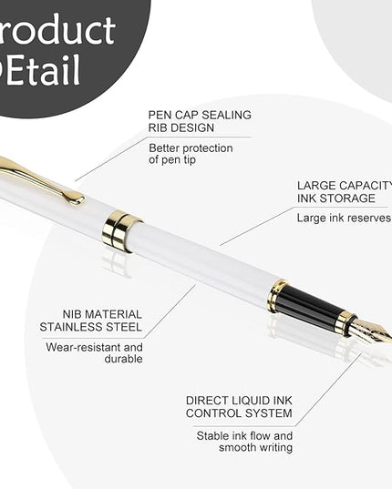 Tiankool Luxury Fountain Pen,Fine Nib, Exquisite Pen Gift Set for Men&Women-Includes 10 Ink Cartridges&Ink Converter- Nice Pens - White