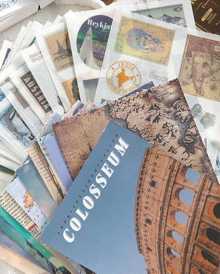 Prstincol Vintage Aesthetic Washi Stickers and Papers for Scrapbooking, 50 Sheets Ephemera Book for Art Journaling with Retro Global Travel Theme Stickers and Decoupage Papers for Junk Journal