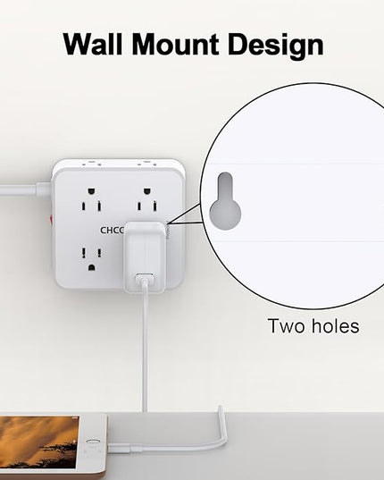 10Ft Surge Protector Power Strip - CHCORE Flat Plug Extension Cord with 8 Outlets and 4 USB Ports(2 USB C), 3 Side Wall Mount Outlet Extender for Home Dorm Room Essentials, ETL Listed, White