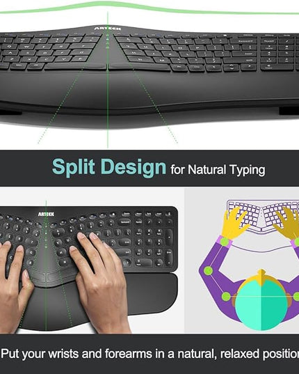 Arteck Split Ergonomic Keyboard with Cushioned Wrist and Palm Rest, 2.4G USB Wireless Comfortable Natural Ergonomic Split Keyboard, for Windows Computer Desktop Laptop