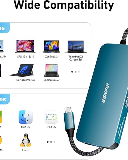 BENFEI 11-in-1 USB C Hub Triple Display Docking Station Dual HDMI, VGA, 3*USB 3.0, 1Gbps Ethernet, 100W Power Delivery, SD/TF Card Reader, 3.5mm AUX Audio Compatible with MacBook XPS Surface