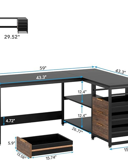 Tribesigns L Shaped Computer Desk with Storage Drawers, 59 inch Corner Desk with Shelves, Reversible L-Shaped Office Desk Study Writing Table Workstation for Home Office, Black