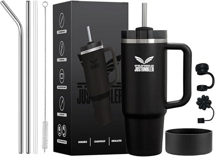 40 Oz Insulated Tumbler with Handle and Straw, Stainless Steel Coffee Travel Mug with Lid, Leak Proof Water Bottle with Accessories, Black