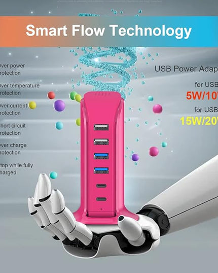 USB Charging Station Multiports Upoy, Charging Hub 6 Ports Dual Type-C, USB Tower Fast Charging for Tablets, Cellphones, Smart Watch, and More Electronic Gadgets, Portable Design, Travel Essentials