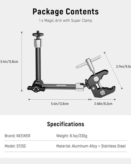 NEEWER 9.8"/25cm Adjustable Magic Arm with Super Clamp, 1/4" & 3/8" Threads, 1/4" Screws for Flash/LED Light/Microphone/Monitor, Compatible with SmallRig Camera Cage, Max Load: 4.4lb/2kg, ST25C