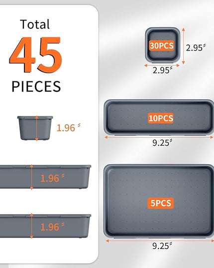 45 Pack Desk Drawer Organizer Tray, 3 Sizes Plastic Drawers Organizer Storage for Kitchen, Bathroom, Office, Vanity, Makeup, Utensils, Junk Drawer Organizer Bins, Gadget Trays for Organizing, Grey