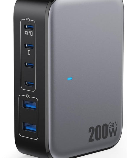 USB C Charger 200W USB Charging Block,6 Ports GaN IV Foldable Wall Charger Outlet Plug,QC4.0 Fast Charging Station Hub,PD 65W Laptop Adapter for MacBook Pro/Air,Dell,iPhone 16/15,Galaxy,Steam Deck