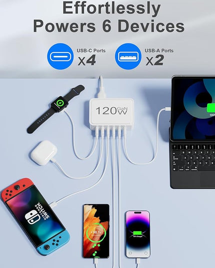 Otovoda 120W USB C Charger Block, 6 Port USB Charging Station for Multiple Devices, 5FT Desktop Multi Charging Hub Compatible with iPhone Samsung ipad, for Travel Home Office