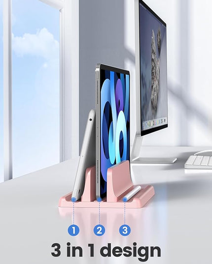 Vaydeer Vertical Laptop Stand Holder Plastic Adjustable Desktop Notebook Dock Space-Saving 3 in 1 for All MacBook Pro Air, Mac, HP, Dell, Microsoft Surface, Lenovo, up to 17.3 inches (Pink)