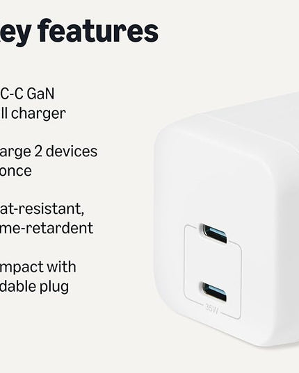Amazon Basics Fast Charging USB C Nano GaN Wall Charger, 35W 2-Port for Tablets Phones, White