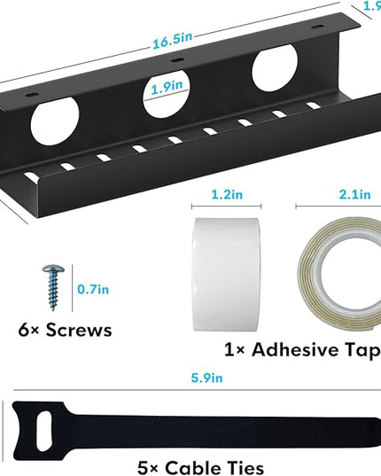 Self-Adhesive Under Desk Cable Management Tray 2 Pcs Steel Under Desk Wires Organizer Power Strip Management No Drill Under Table Organizer for Cable Storage Holder for Office Home Table