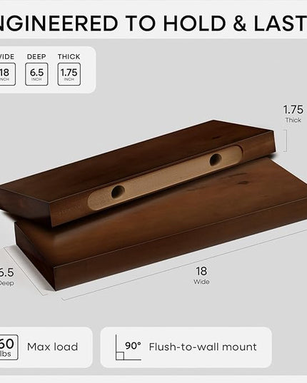 Homeforia Walnut 18 inch Floating Shelf, High End Solid Real Wood 18inch Floating Shelves for Wall Mounted, Dark Brown 18 inches Long Floating Shelves, Heavy Duty Bracket, 18 X 6.5 X 1.75 in, Set of 2