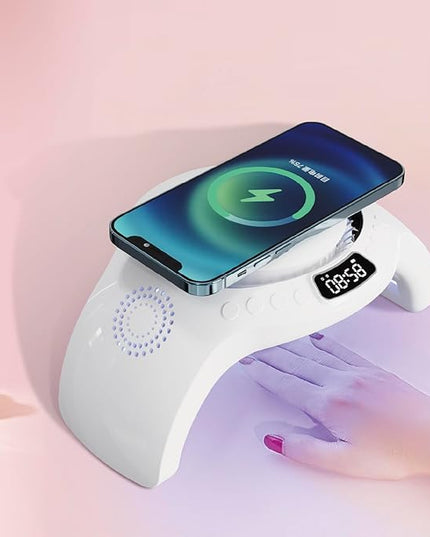 5 in 1 mutifunction Mobile Wireless Charger with Bluetooth Speaker, UV Nail Lights, Clock Alarm,Night Light
