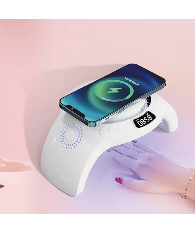 5 in 1 mutifunction Mobile Wireless Charger with Bluetooth Speaker, UV Nail Lights, Clock Alarm,Night Light