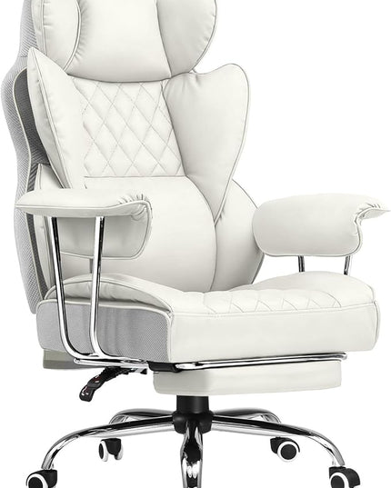 COMHOMA Big and Tall Office Chair, High Back Leather Gaming Chair with Footrest, Executive Ergonomic Office Chairs with Pocket Spring Lumbar Support and with Outward Fixed Soft Armrests