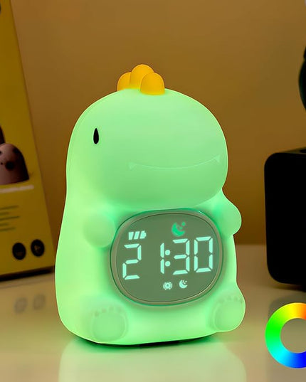 Dinosaurs Alarm Clock with Night Light for Kids with Sleep Training and Sound Machine, Rechargeable Silicone Lamp OK to Wake Clock，Cute Animal Tabletop Lamp, Perfect Sleep Companion for Boys Girls