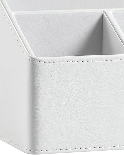 MEIBOOCH PU Leather Desk Organizer, Luxury Remote Control Holder for Home, Office Desk Accessories Table Caddy Bedside Nightstand Organizer (White)
